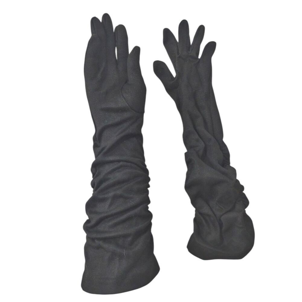 Vintage 60s Black Elbow Length Gloves Stretch Knit Elastic Rouching Detail Retro